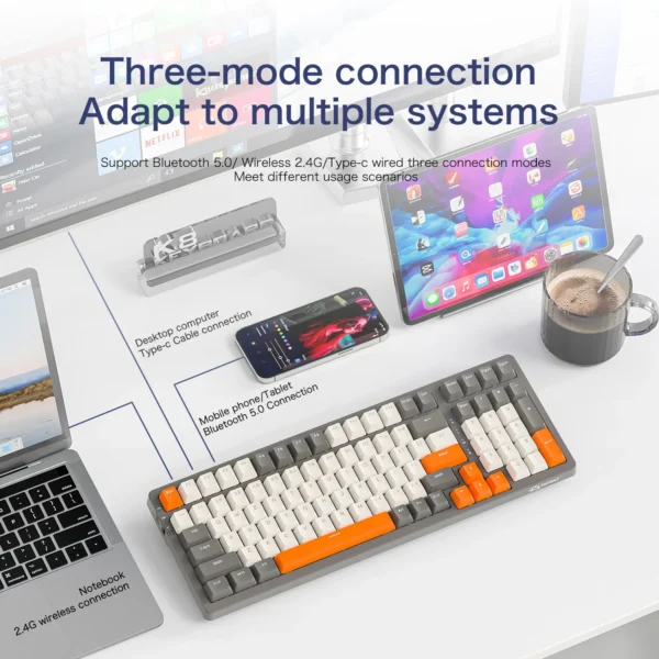 K8 Wireless Mechanical Keyboard Tri-mode Connection,100 Key,Full Key Hot Swap,lighting Effects,Gasket Muffler Structure, Laptops