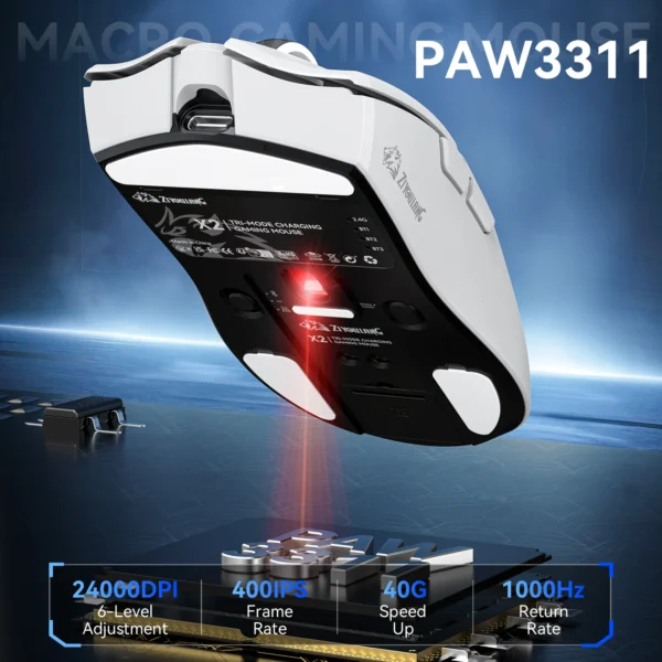 X2 Wireless Mouse,Tri-Mode Connection, PixArt PAW3311, Touch Magnetic Charging Base, Macro Gaming Mouse